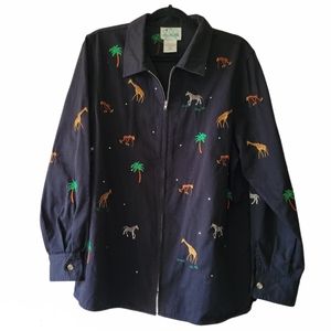 Vintage Black Cotton Zip Up Jacket Novelty Embroidery Zoo Animals Women's Large